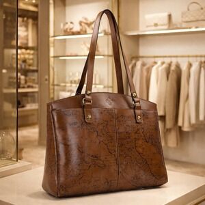 Patricia Nash Poppy Map Print Leather Tote Shoulder Bag 3 Compartment Artsy